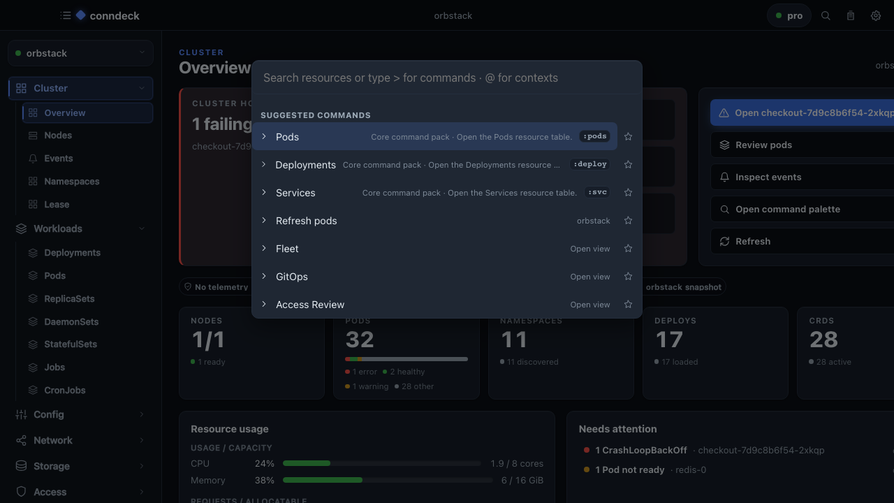 conndeck command palette listing pods, deployments, services, and fleet commands over the cluster overview