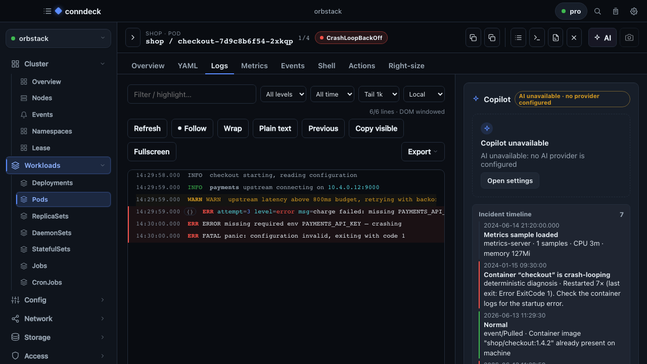 conndeck pod detail with streaming logs, level filters, and an incident timeline for a crash-looping container